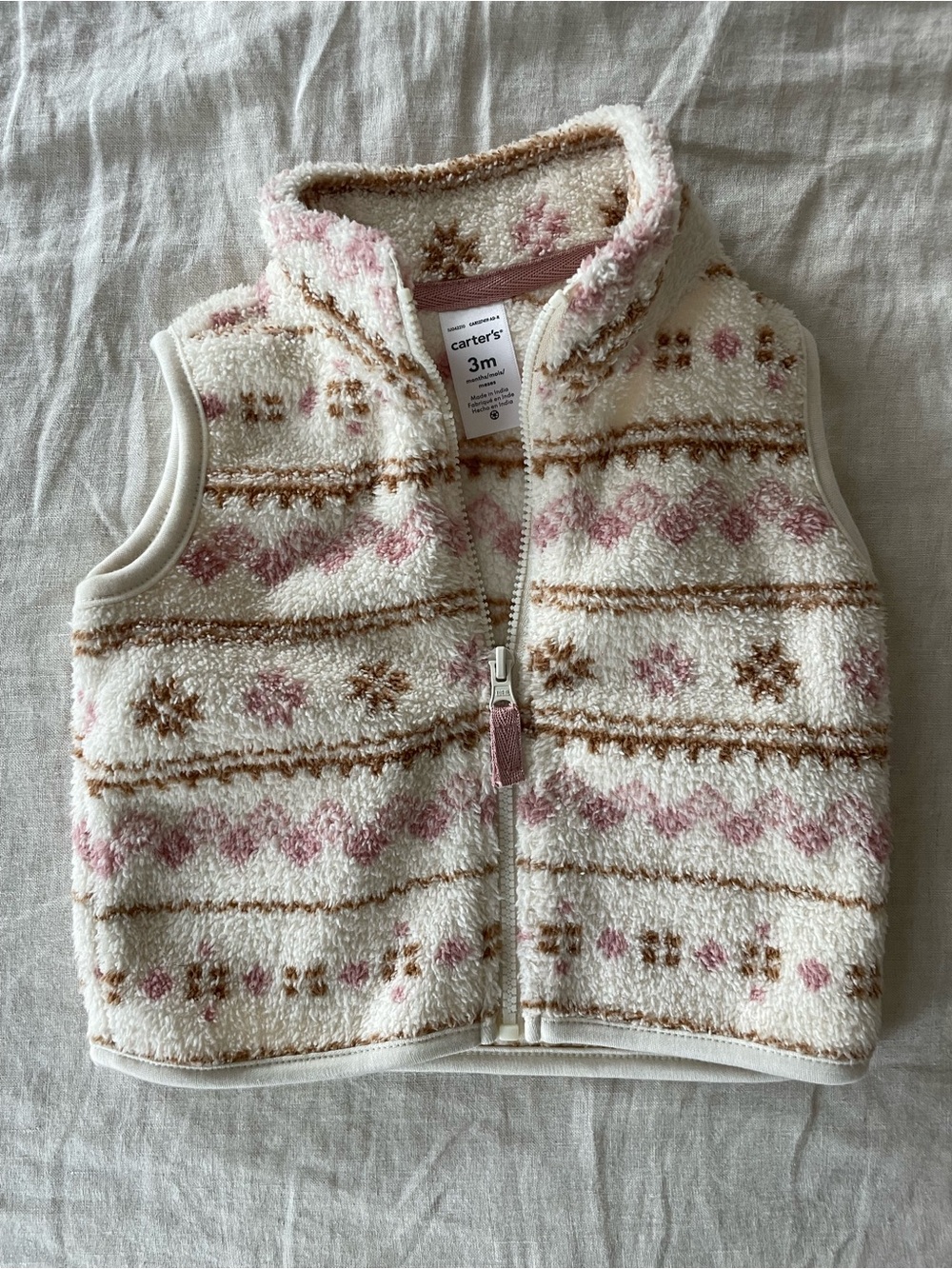 Carter's Cream and Pink Sherpa Vest with Fair Isle Pattern